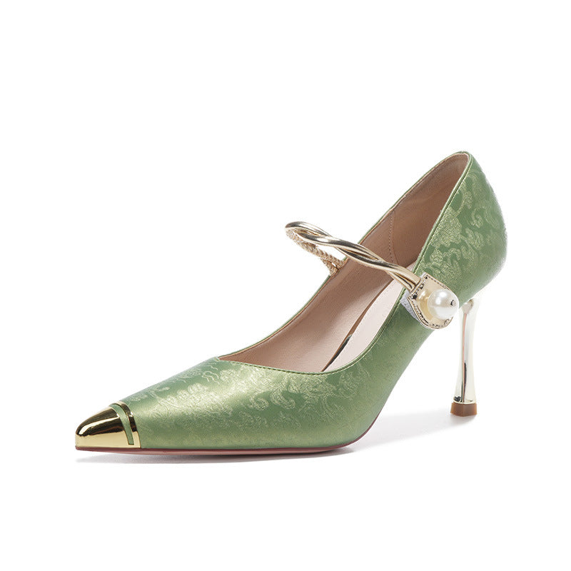 Retro jacquard green high heels for women, metallic pointed toe, pearl strap, stiletto heels