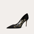Black lace mesh pointed-toe stiletto heels for women, perfect for banquets.