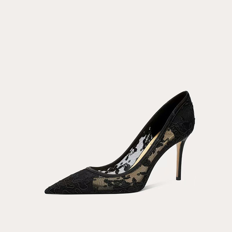 Black lace mesh pointed-toe stiletto heels for women, perfect for banquets.