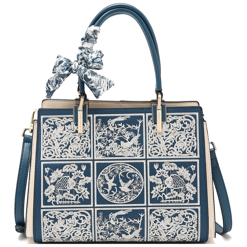 New Chinese style blue and white porcelain embroidered handbag, women's large capacity maternity bag/crossbody bag.