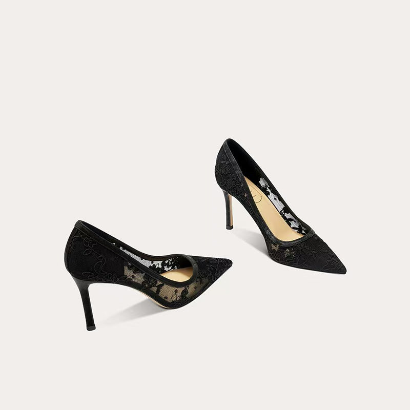 Black lace mesh pointed-toe stiletto heels for women, perfect for banquets.
