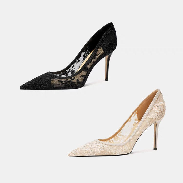 Black lace mesh pointed-toe stiletto heels for women, perfect for banquets.
