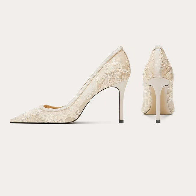 Black lace mesh pointed-toe stiletto heels for women, perfect for banquets.