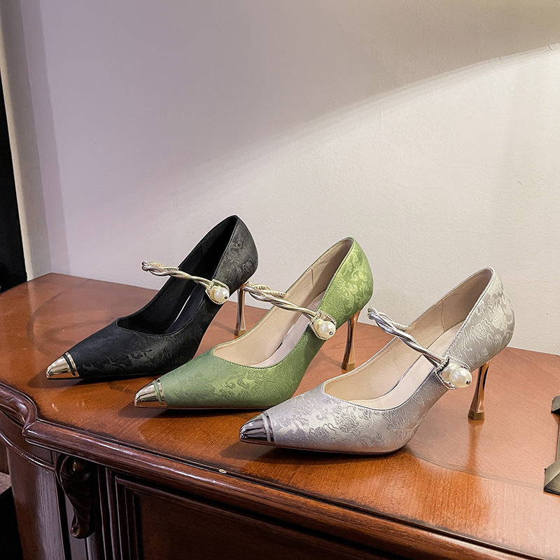 Retro jacquard green high heels for women, metallic pointed toe, pearl strap, stiletto heels