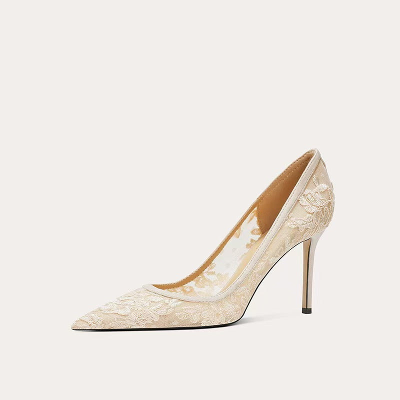 Black lace mesh pointed-toe stiletto heels for women, perfect for banquets.